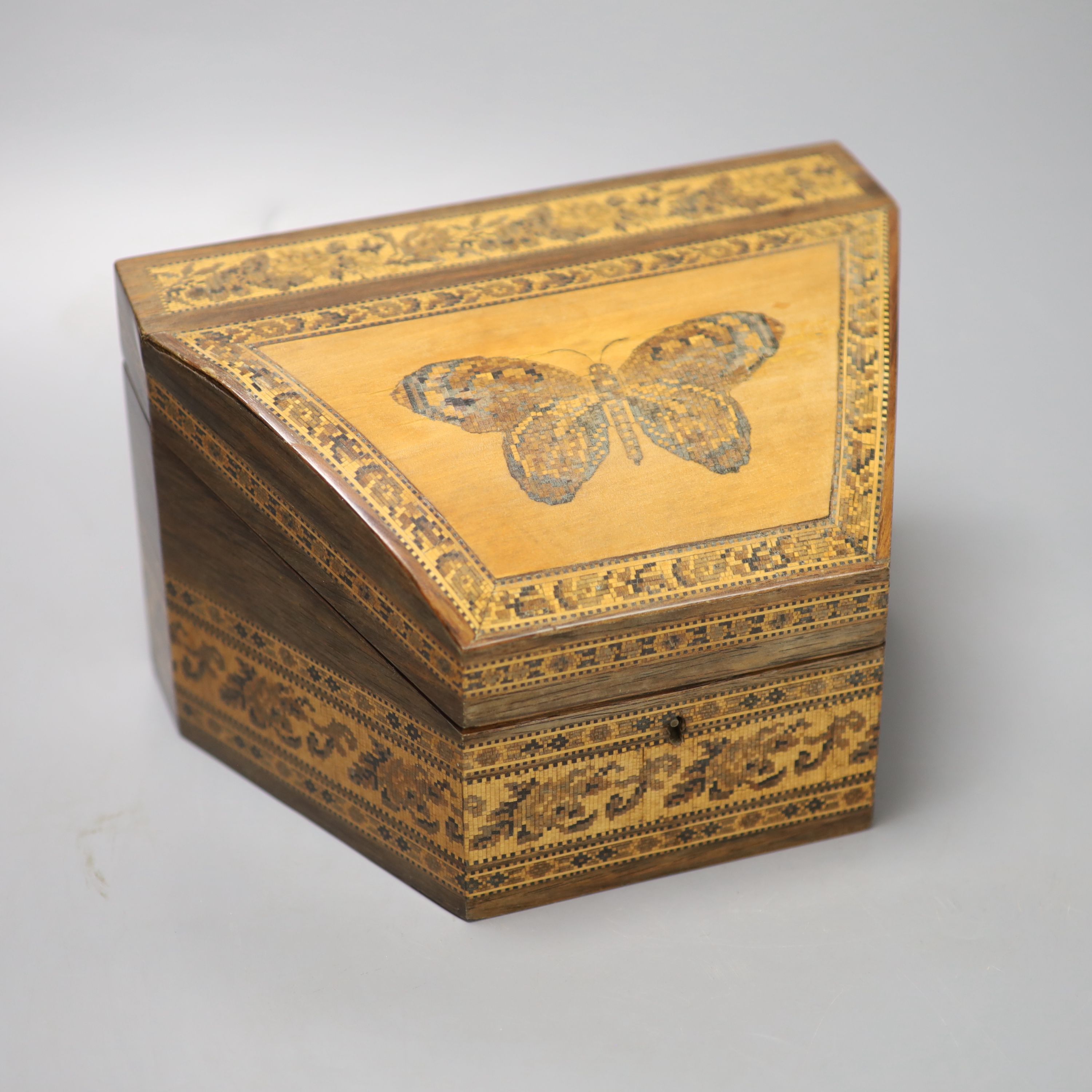 A Tunbridge Ware rosewood stationery box, the hinged sloping top butterfly and satinwood inlaid, W 22cm (max), H 13.5cm D 15cm